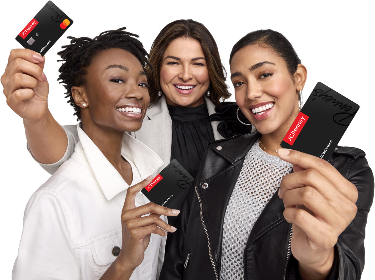 Three people smiling and holding JCPenney Credit Cards.